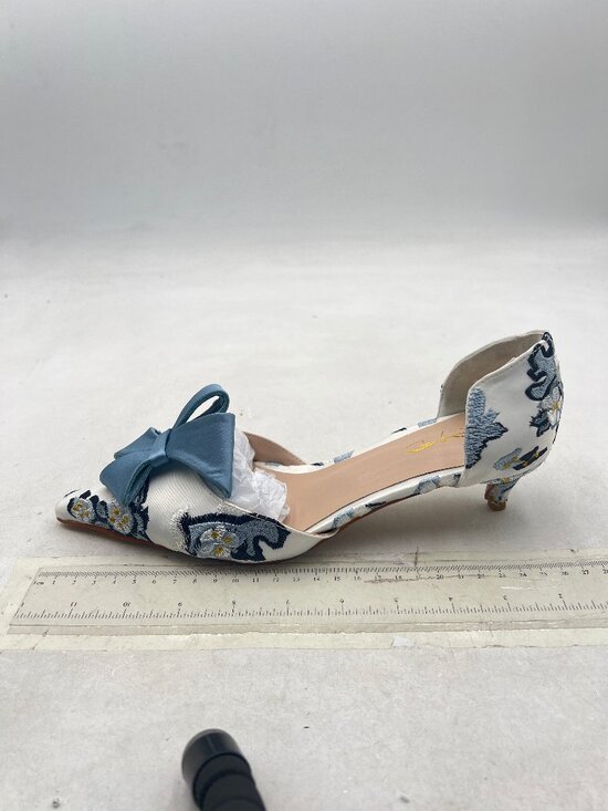XYD Shoes - XYD Blue Bloom Embroidery D'Orsay Kitten Heel Bridal Bowknot Pump Point Toe Shoe